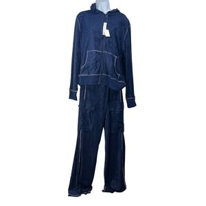 Bogari Velour Tracksuit Set Midnight Blue Hoodie Cargo Pants XL  90s nwt nos y2k